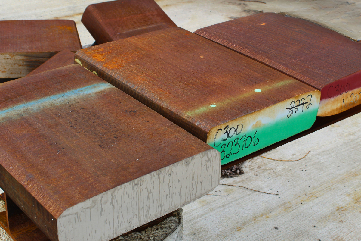Maraging steel C300 strength represented by C300 cut billet in Niagara Specialty Metals billet yard prepared for aerospace and defense applications