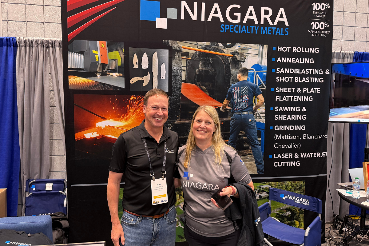 Bob Shabala and Sue Ann Propst visiting the Niagara Specialty Metals booth at Blade Show Atlanta 2026