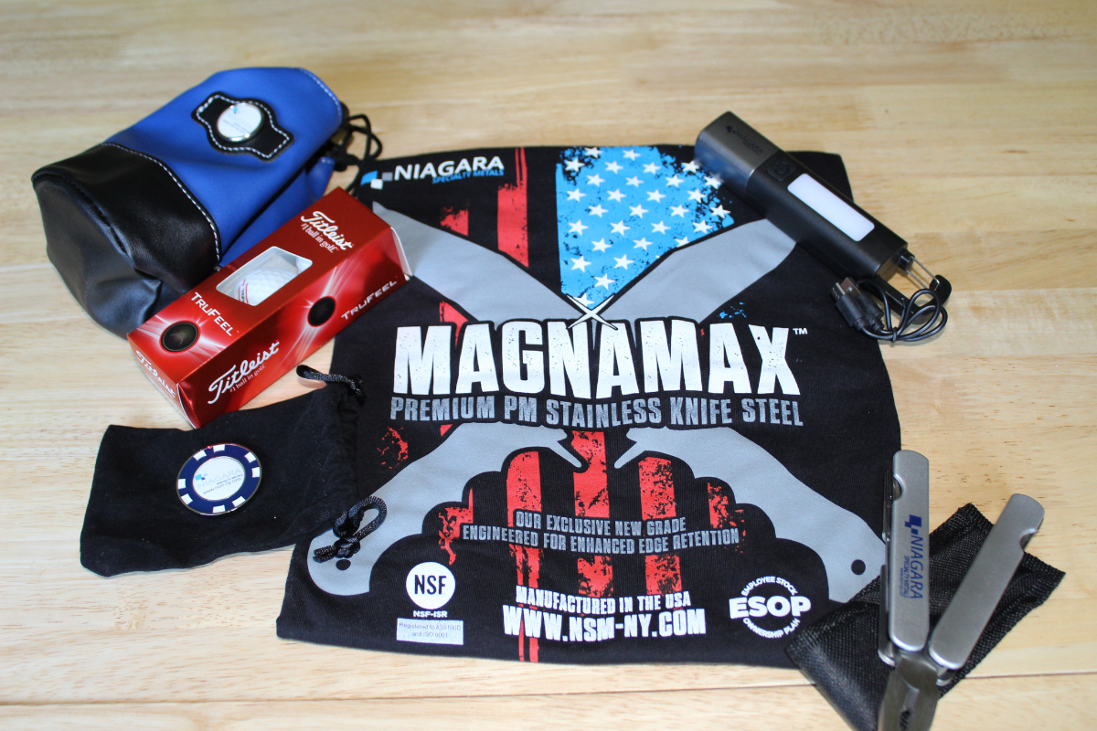 Niagara Specialty Metals promotional items and giveaways displayed at Blade Show Atlanta 2026