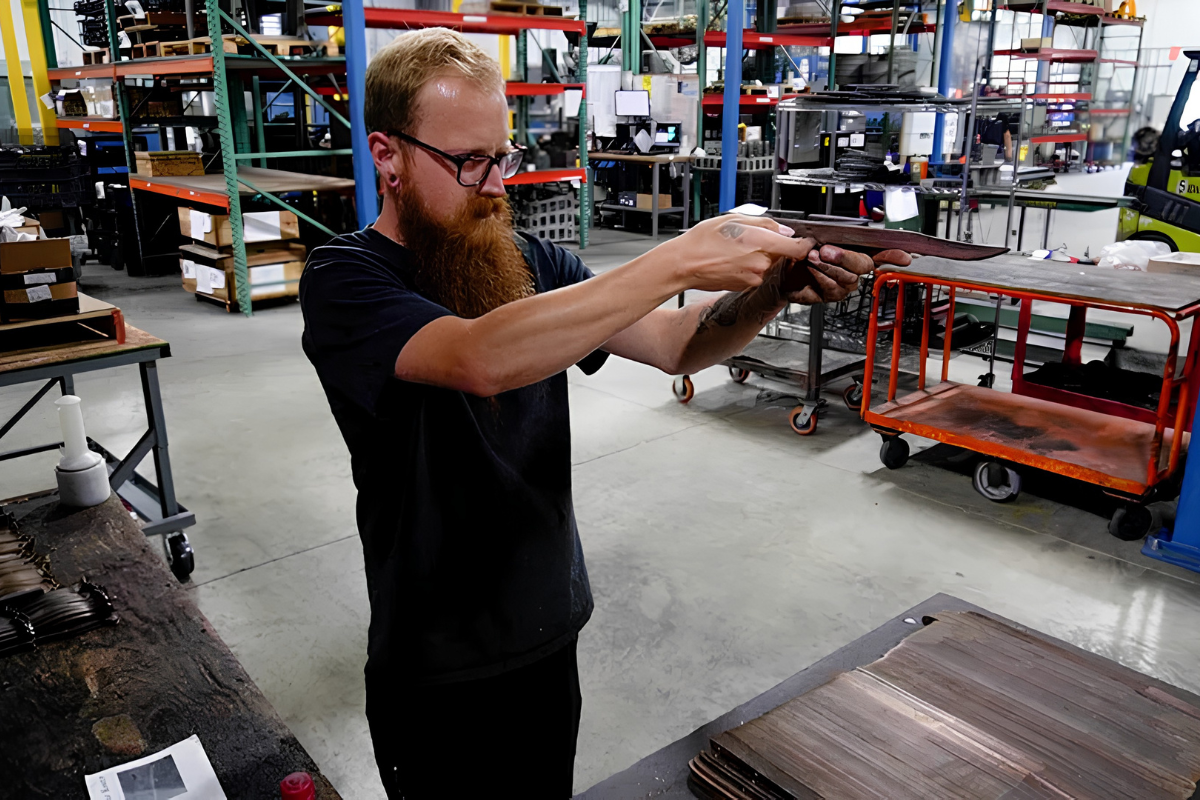 Trevor Kaplin performing integrated straightening and dimensional inspection at Peters' Heat Treating using a surface plate and digital height gage