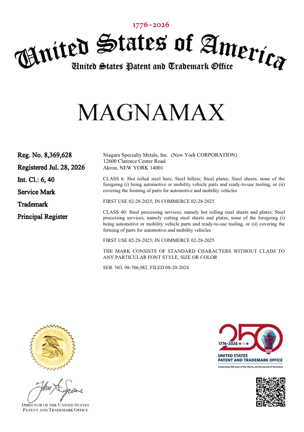 MagnaMax® federal trademark registration certificate issued to Niagara Specialty Metals by the United States Patent and Trademark Office