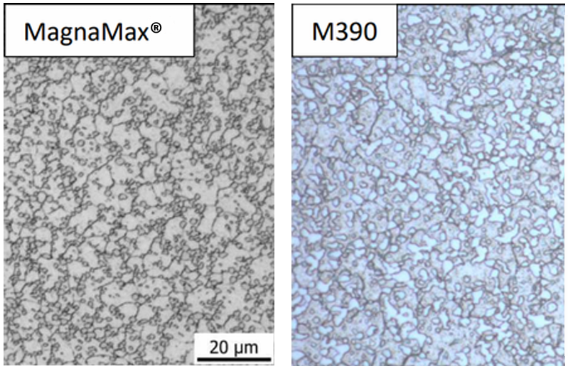 Micrographs comparing the carbide microstructures of MagnaMax&reg; and M390 stainless steel.