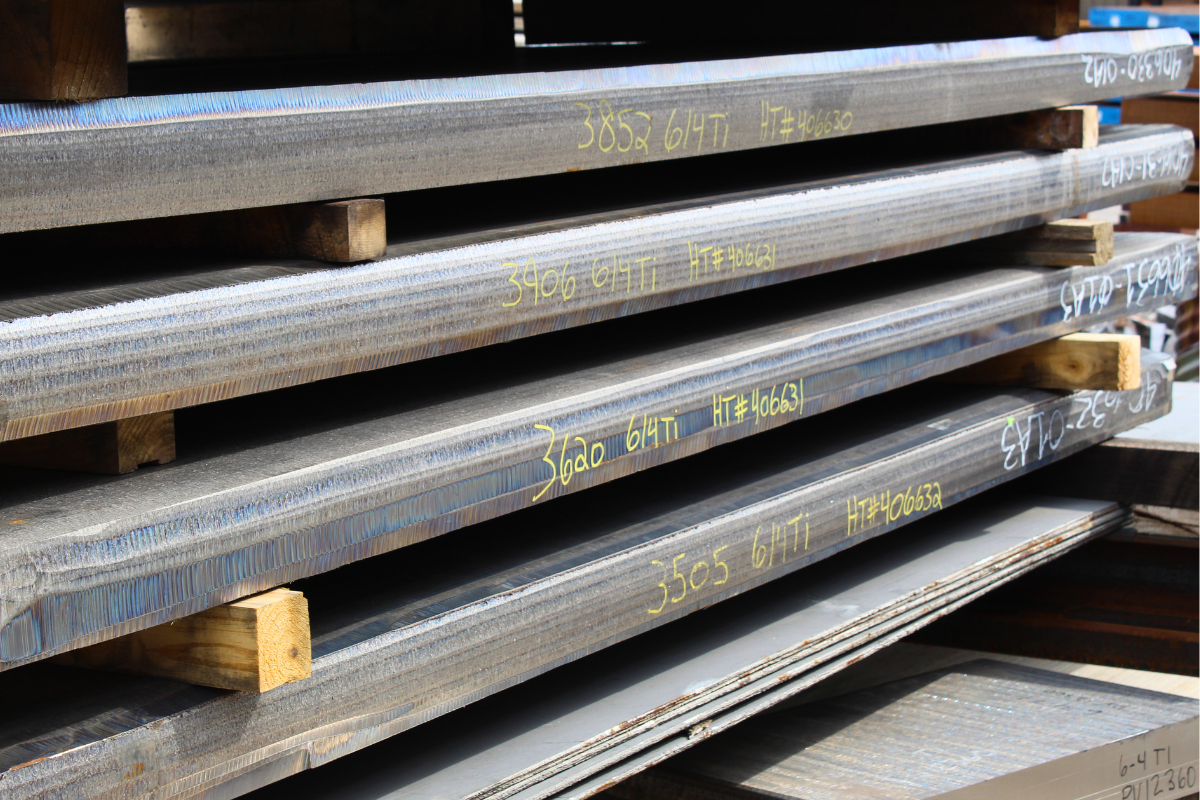 Stack of 6-4 titanium billets at Niagara Specialty Metals ready for hot rolling and custom processing