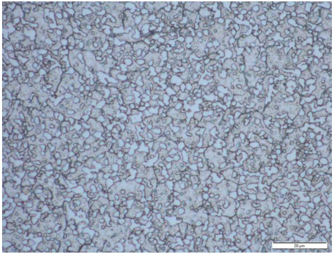 MagnaCut steel production update M390 microstructure comparison highlighting dominant white carbides and small oxide inclusions.