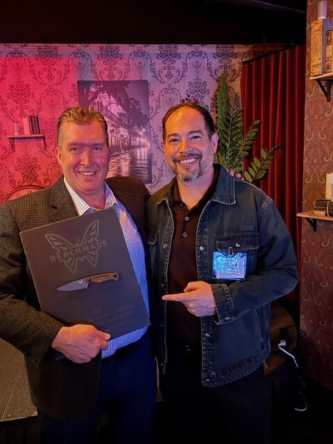 SHOT Show 2026 recap photo of Tim Gelnett receiving Benchmade Supplier of the Year recognition alongside CEO Jon DeAsis.
